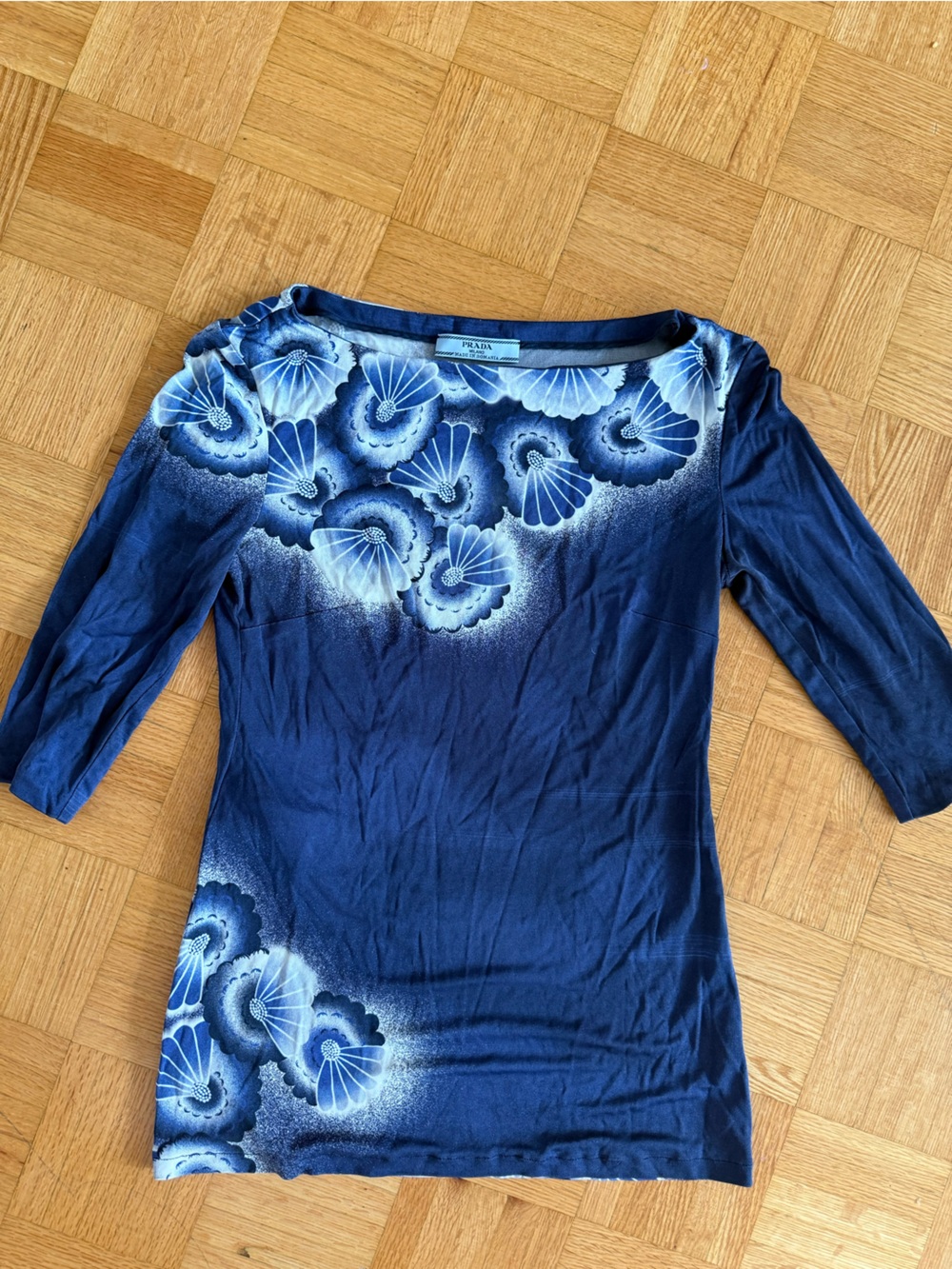 Authentic Prada Navy Blue Floral-Print Long Sleeve Silk Top Small
